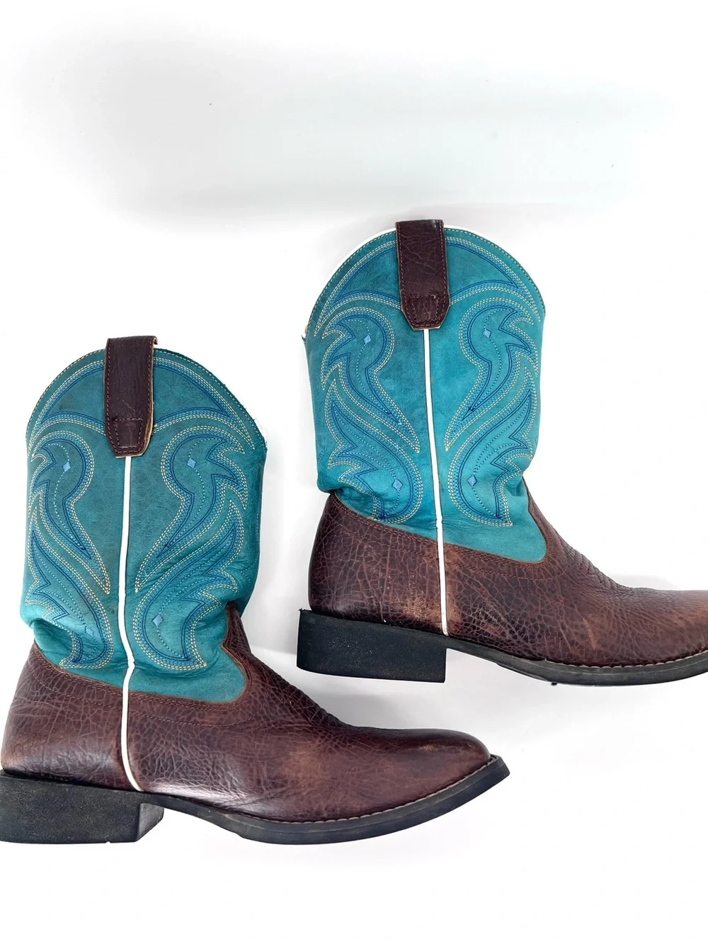 RANK 45 Boys' Connor Western Boots Sz 6 BROAD SQUARE TOE Blue Brown Cowboy Rodeo